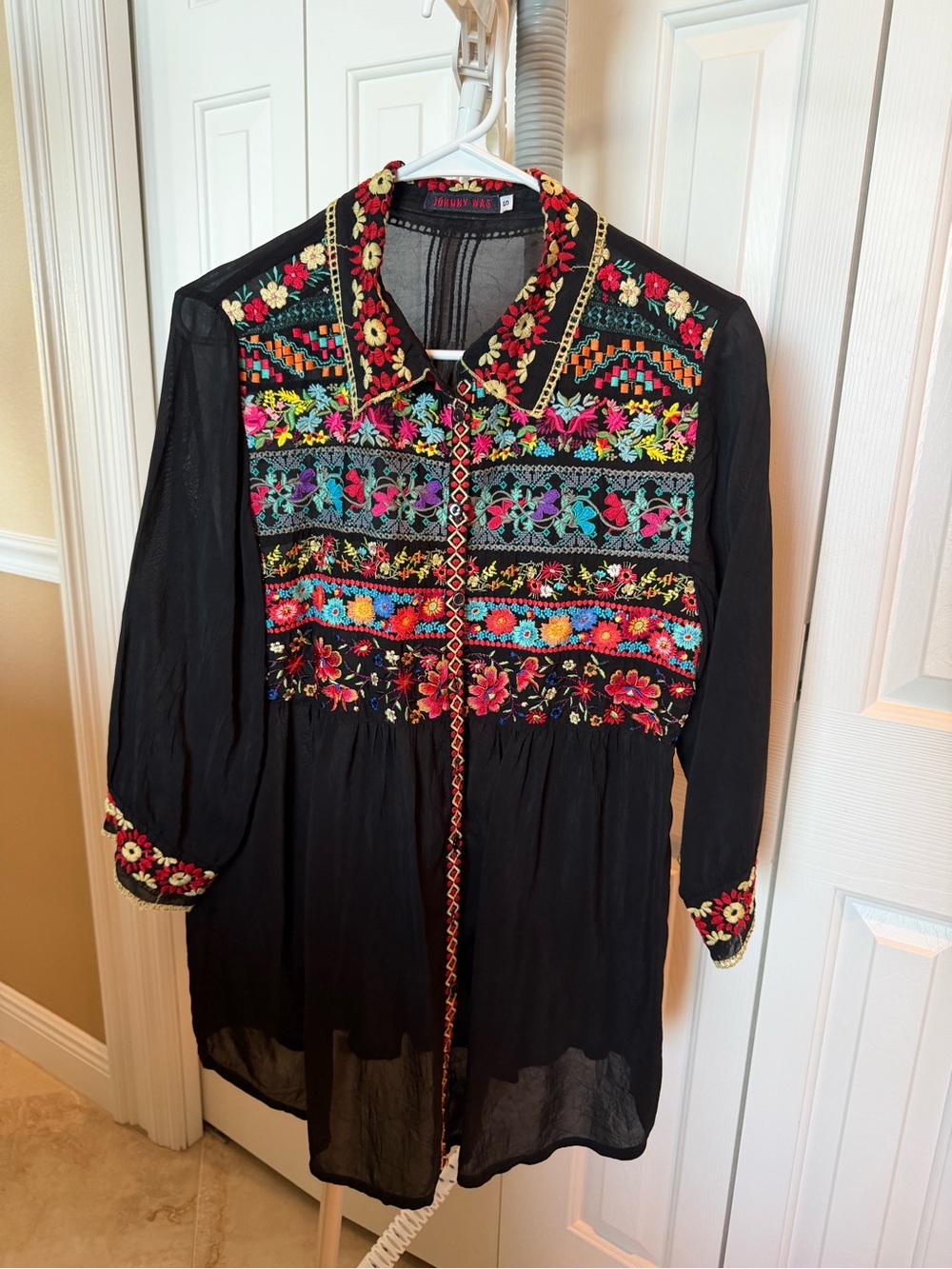 Johnny Was Black Embroidered Boho Shirt Dress